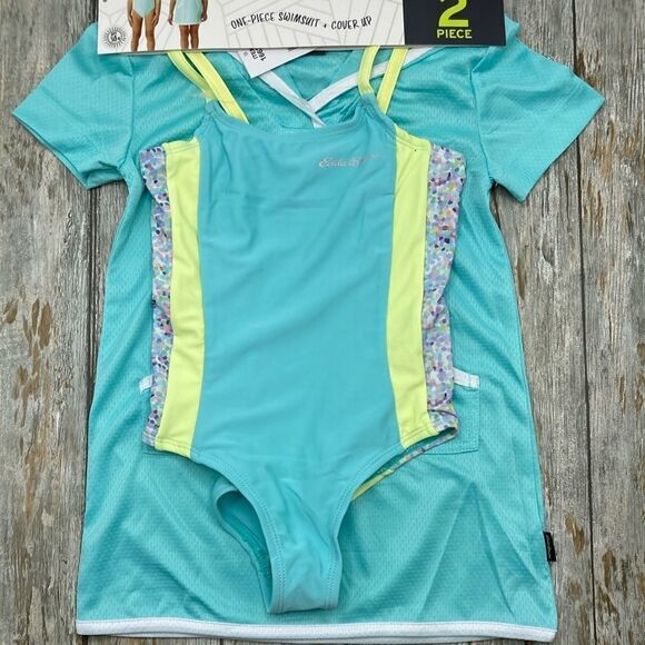 Girls One Piece Bathing Swimsuit and Coverup Swim 2-Piece Set Size 5 - Picture 1 of 6